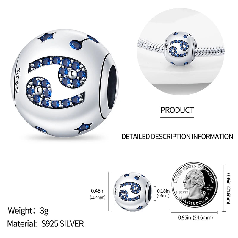 Charm Plata 925 Original 12 Constellation Beads | Water, Earth, Fire & Wind Round Beads