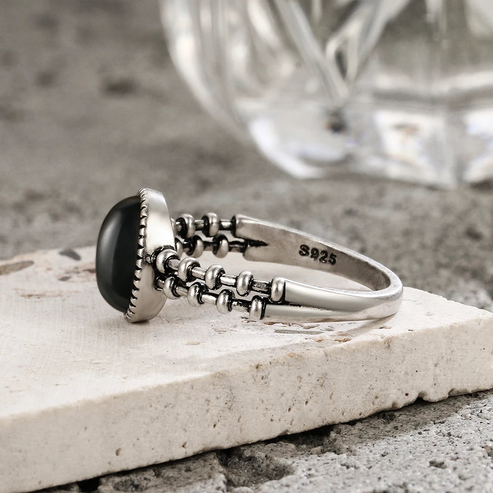 S925 Sterling Silver Gear Chain Ring with Black Onyx – Vintage Punk Style Unisex Jewelry Gift for Men & Women