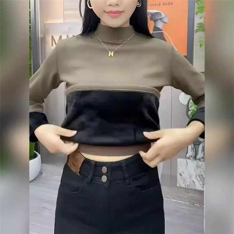❄️ Thiened Fleece Warm Long Sleeve Innerwear 👚 Slim Fit Mid-Neck Women's Base T-Shirt 🌸 Autumn Winter Two-Piece Set