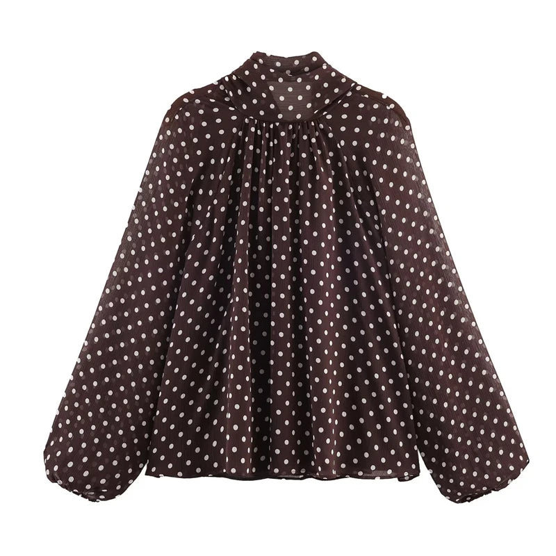 Women’s Polka Dot Shirt – Beige/Brown High Neck Puff Sleeve Casual Loose Top Fashion Commuter Style 🌿✨