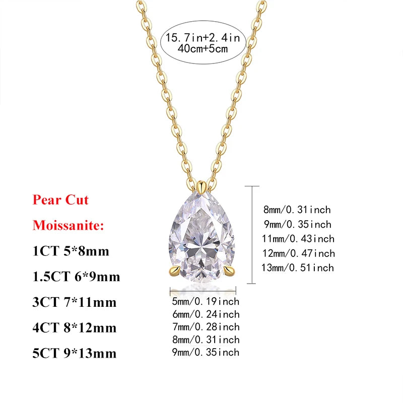 EWYA Solitaire Pear Cut Moissanite Diamond Pendant Necklace 1-5CT D Color 925 Silver 18K Rose Gold Chain for Women