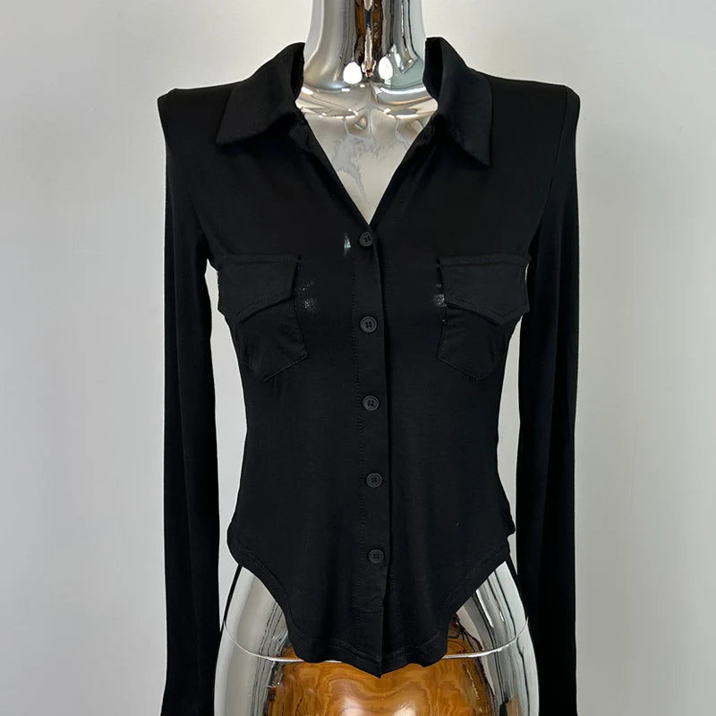 Sexy Button-Up Slim Fit Blouse – Women’s Early Autumn Korean Style Double Pocket Swing Top