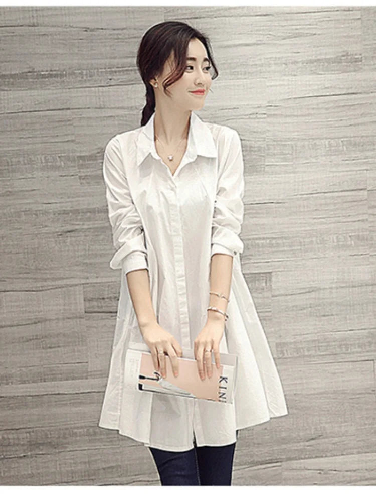 Oversized Shirts & Blouses Women – Korean Fashion 2023 Spring Summer Loose Long Sleeve White Midi Blouse 👕✨