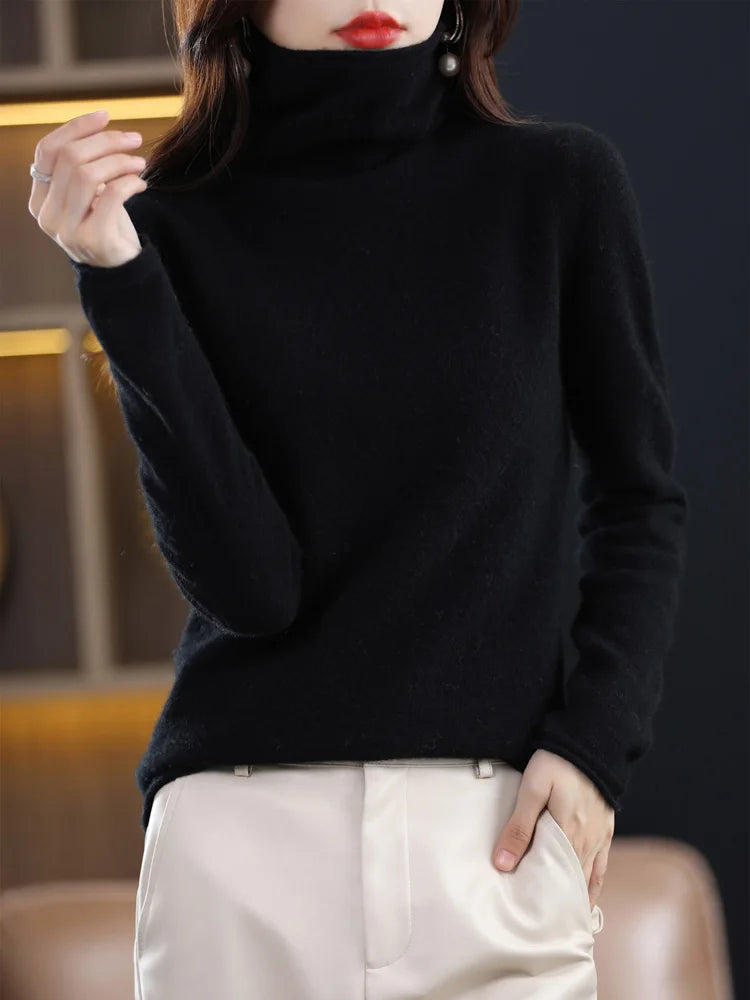 Women’s 100% Merino Wool Sweater – Autumn Winter Pile Collar Pullover Knitwear 🧶🍂