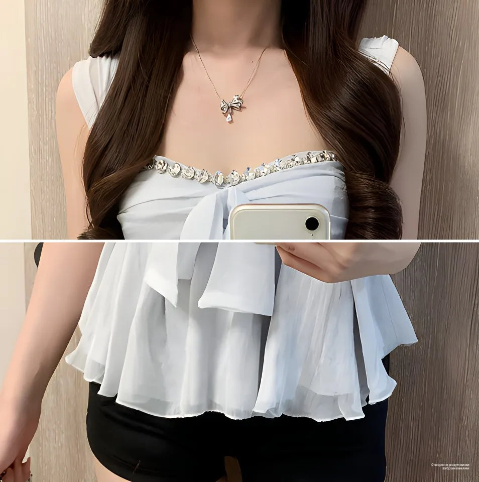 Pure Desire Knot Strap Diamond Vest – Women’s Summer Outdoor Waist Cinching Sleeveless Top Blue
