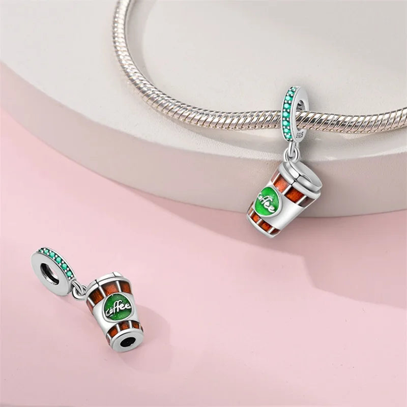 925 Sterling Silver Dessert Afternoon Tea Charm – Coffee, Cake, Pizza & Fries Beads Fit Original Pandora Bracelet DIY Jewelry
