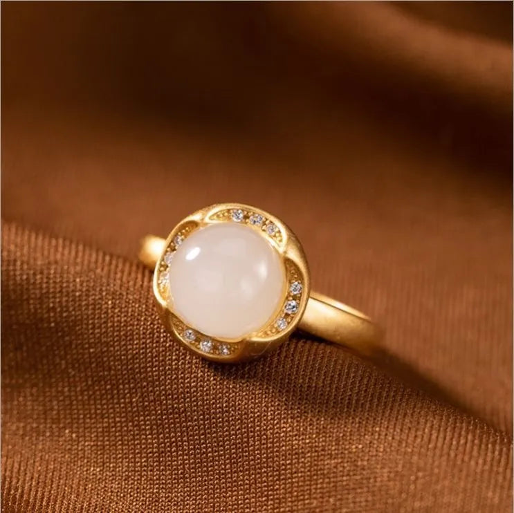 PANJBJ 925 Sterling Silver Hotan Jade Geometric Adjustable Ring | Retro Delicate Jewelry Gift for Women