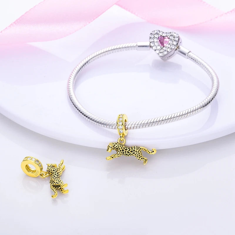 925 Sterling Silver Gold Charms Beads | Leopard, Butterfly, Firefly & Bee Dangle Fit Original Bracelet Women DIY Jewelry Gift