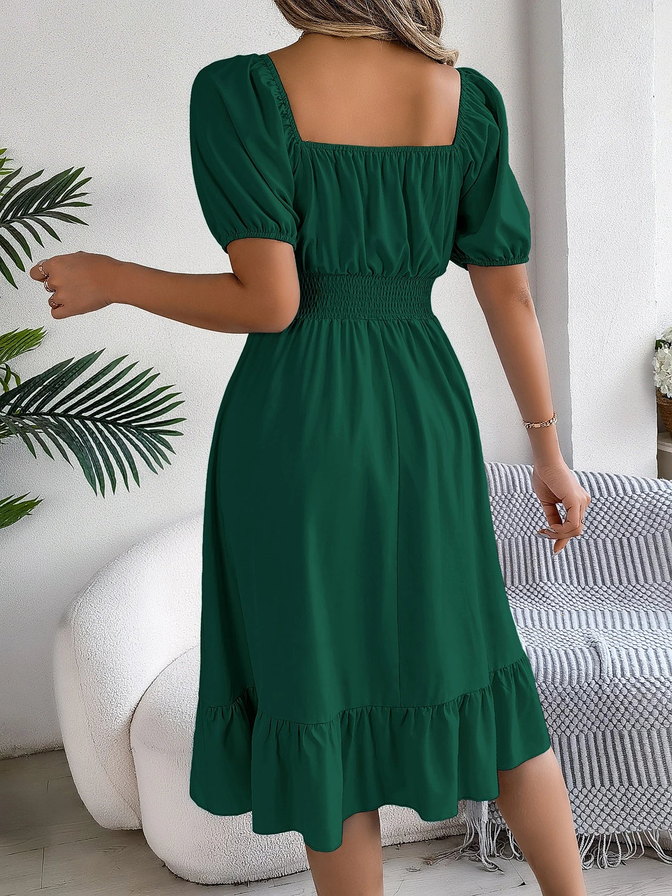 2026 Women’s Elegant High-Waisted Dress – Square Neck, Short Sleeve, Ruffled Edge Long Dress | Spring Summer Valentine’s Day