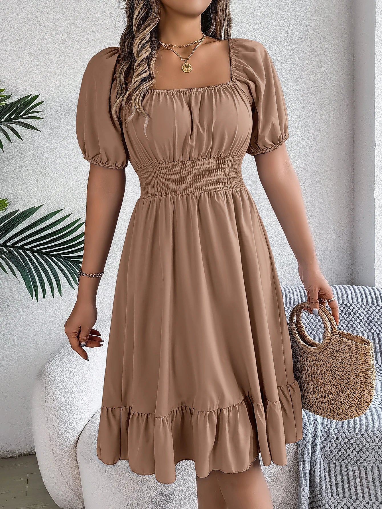 2026 Women’s Elegant High-Waisted Dress – Square Neck, Short Sleeve, Ruffled Edge Long Dress | Spring Summer Valentine’s Day