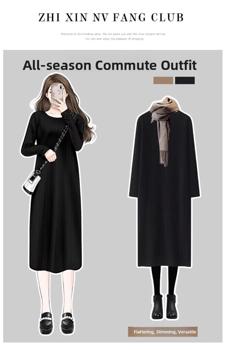 Elegant Knitted Midi Dress for Women – Knee-Length Base Layer Dress, Autumn Winter Polyester One-Step Skirt