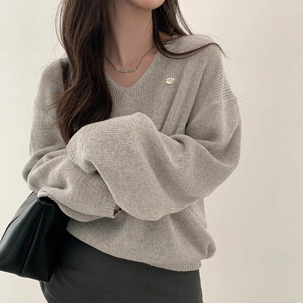 Loose Women’s Knitwear V-Neck Long Sleeve T-Shirt – Casual Comfortable Fashionable Autumn Top New Arrival