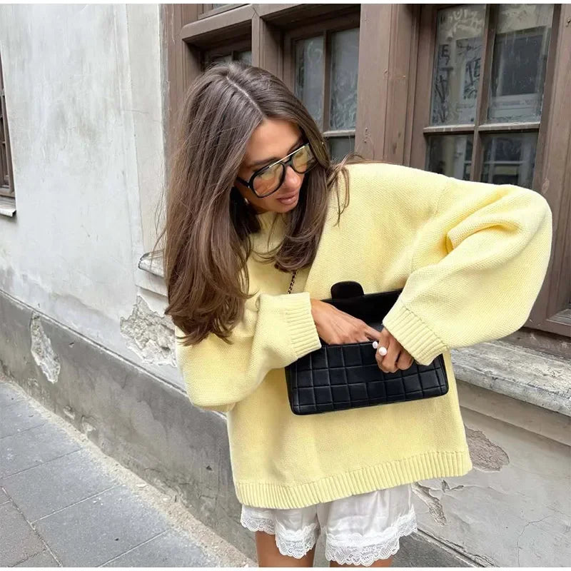 2025 Women’s Oversize Knitted Top | Full Sleeve Round Neck Pleated Loose Sweater | Autumn Daily Streetwear