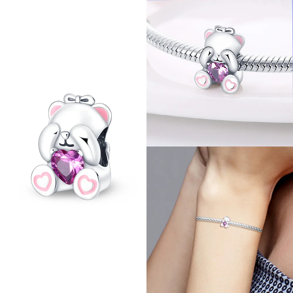 Original 925 Sterling Silver Pink Zircon Cat Dog Squirrel Red Heart Bead | Fit Bracelet Women DIY Jewelry Gift