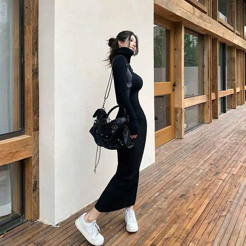Slimming Bla Long Sve High Collar Bodycon Dr Tight Base Layer One Step Wrap around Skirt Women's Faion Spring Autum...