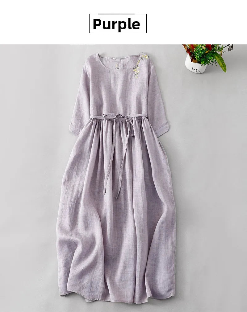 Elegant Embroidered Cotton Linen Long Dress – Women's Loose Waist Slimming Age-Defying Skirt, Spring, Summer & Autumn Fashion