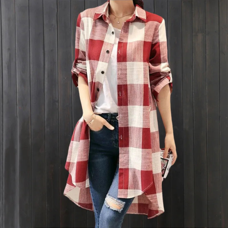 Women’s Plaid Shirt – Casual Long Sleeve Blouse Check Linen Cotton Tops for Women 🌿✨