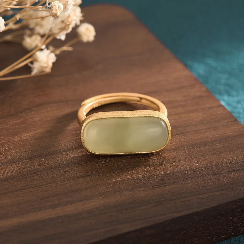 PANJBJ 925 Sterling Silver Hotan Jade Geometric Adjustable Ring | Retro Delicate Jewelry Gift for Women