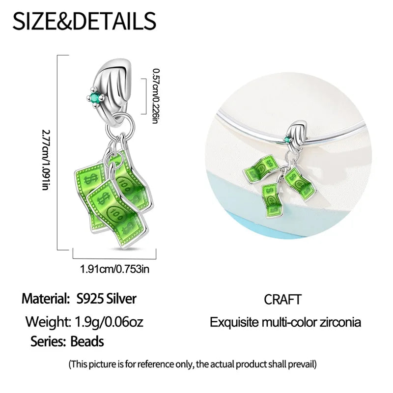 925 Sterling Silver Dollar Money Bag Charms | Wealth Freedom Rich Pendant Beads Fit Original Bracelet DIY Jewelry