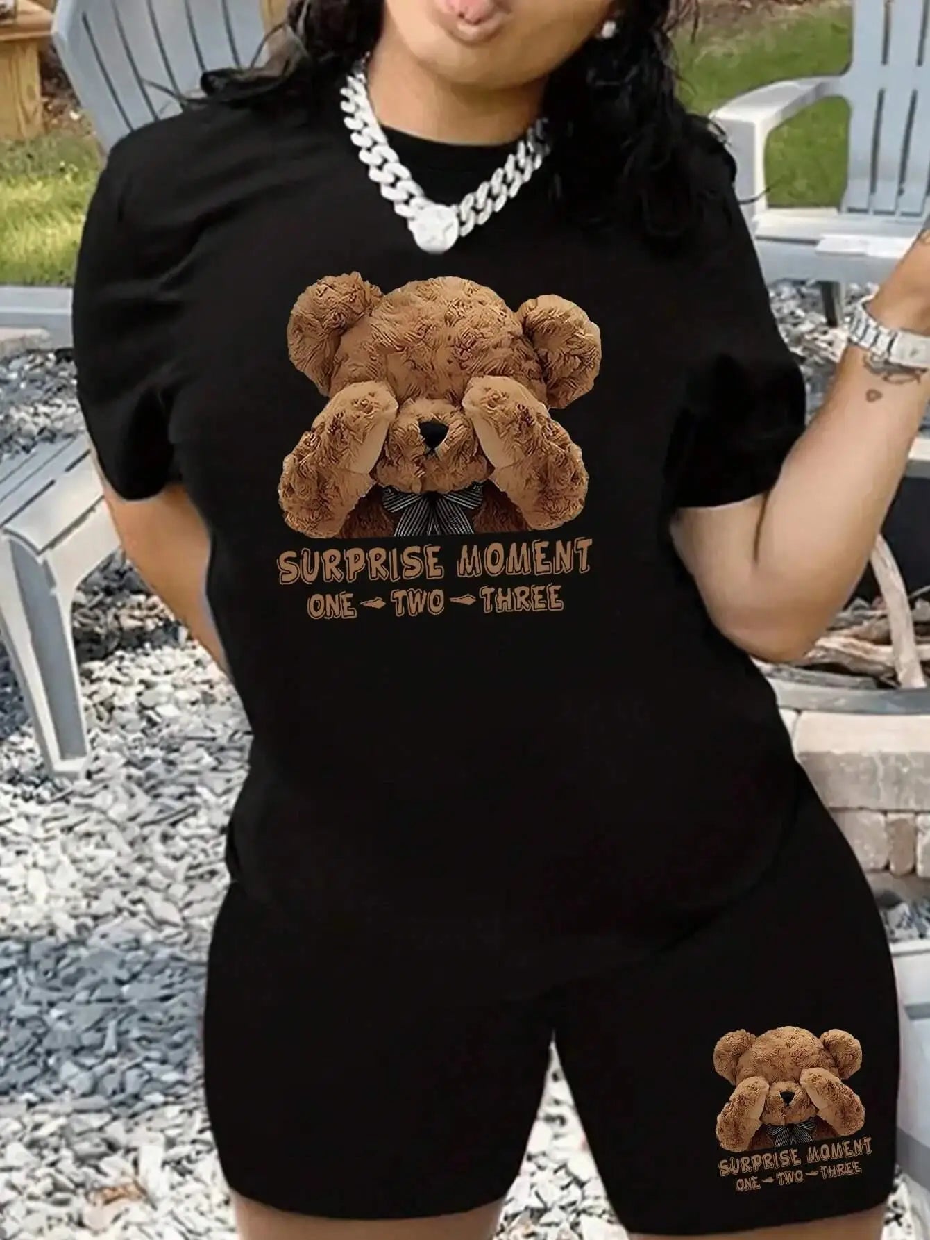 Surprise Moment Teddy Bear Women’s T-Shirt & Shorts Set – Oversized O-Neck Cotton 2-Piece Outfit 🧸👕