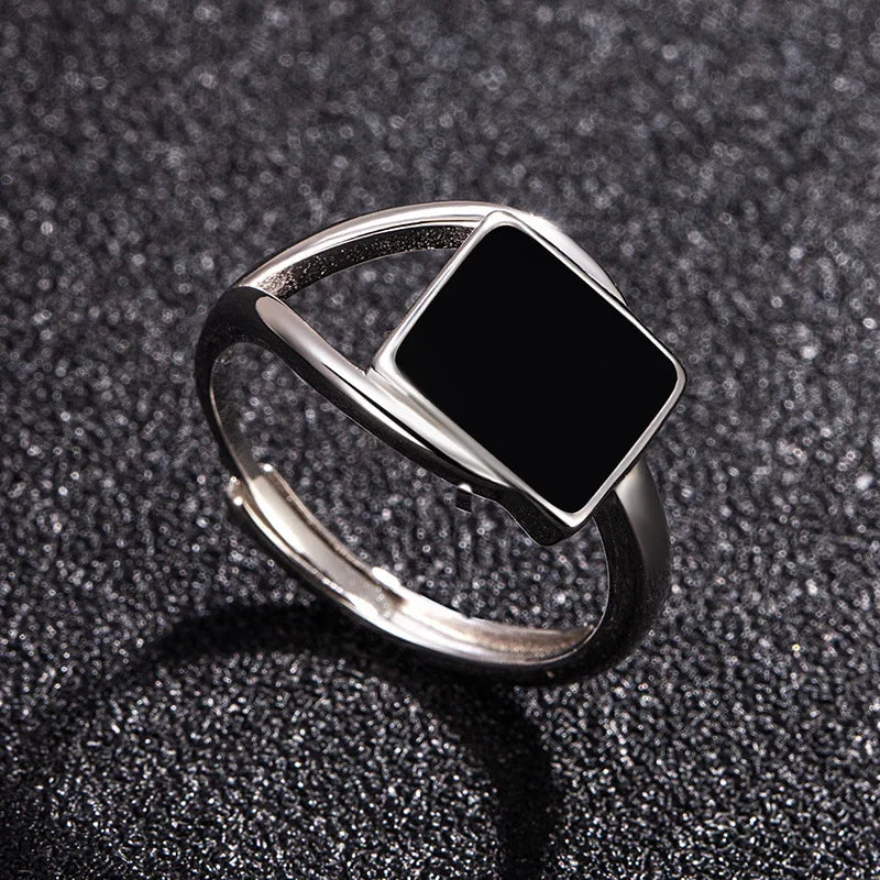Adjustable Black Onyx Square Opening Ring – Geometric Skeleton Design Fashion Jewelry for Women & Men