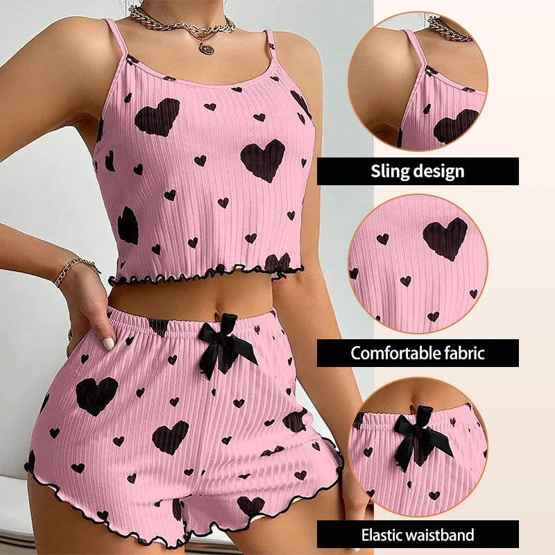 Women’s 2-Piece Pajamas Set – Short Tank Top & Shorts Sleepwear, Soft Casual Ventilated Loungewear with Love Print