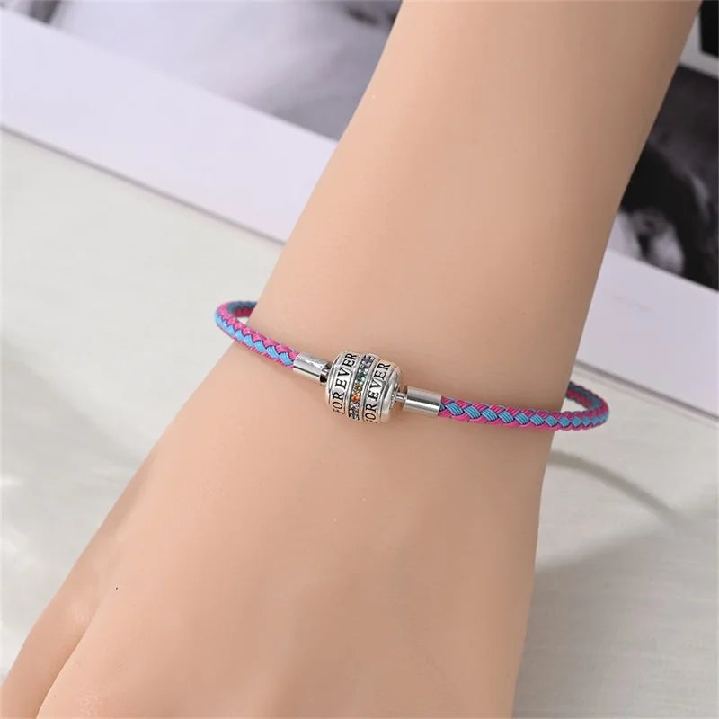 925 Sterling Silver Rainbow Leather Braided Bracelet | Eternal Love Stars & Moon Charm – DIY Women’s Beaded Jewelry Gift