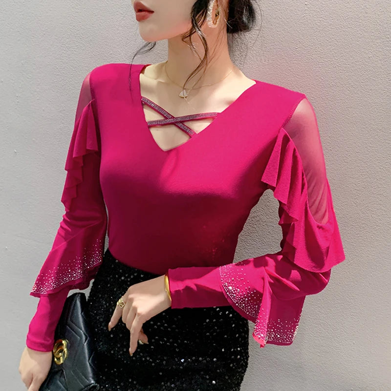 2025 Autumn Women’s Mesh Top – Korean Round Neck Ruffles & Diamond Detail Long Sleeve T-Shirt 🍂✨