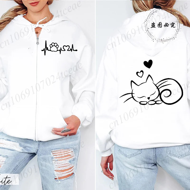 Women’s Cat Heartbeat Zipper Hoodie | Cute Zip-Up Sweatshirt | Autumn Winter Streetwear Jacket
