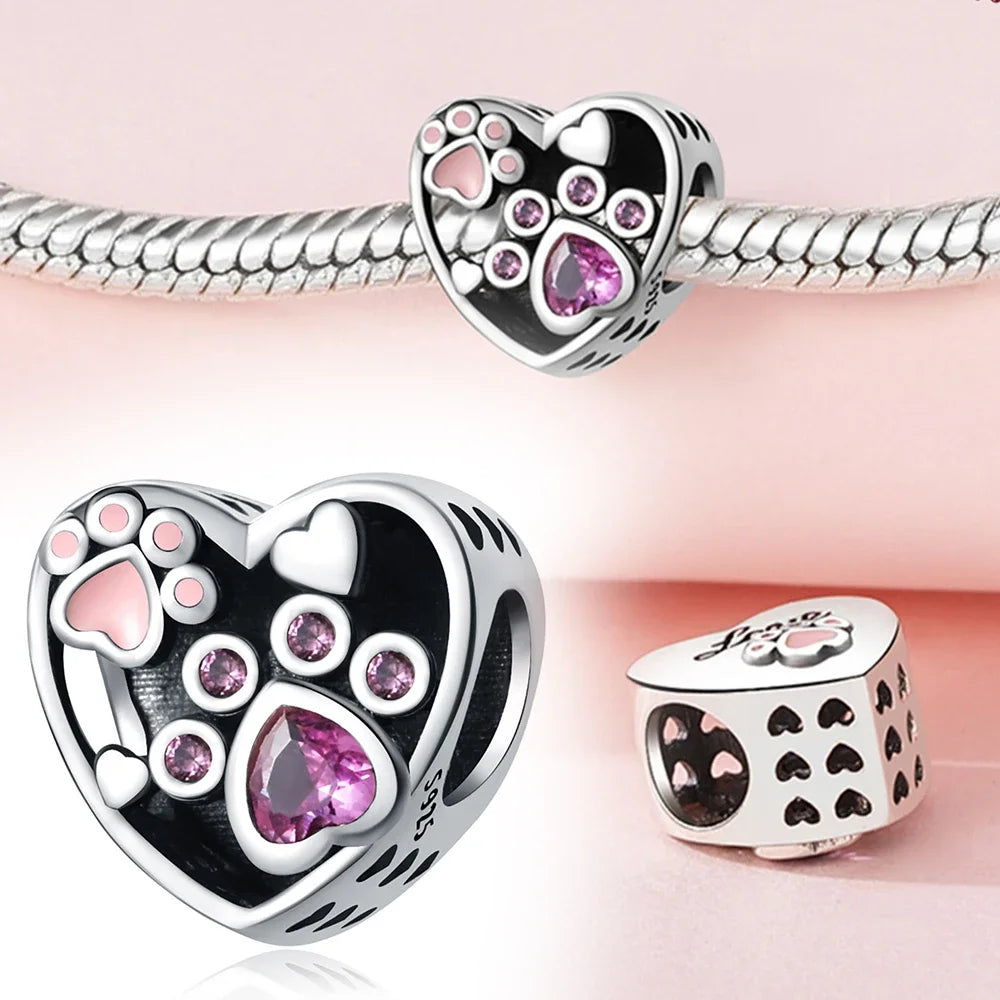S925 Silver Heart-Shaped Cat Paw Charm | Fits Original 925 Bracelet | DIY Women’s Birthday Fine Jewelry Gift