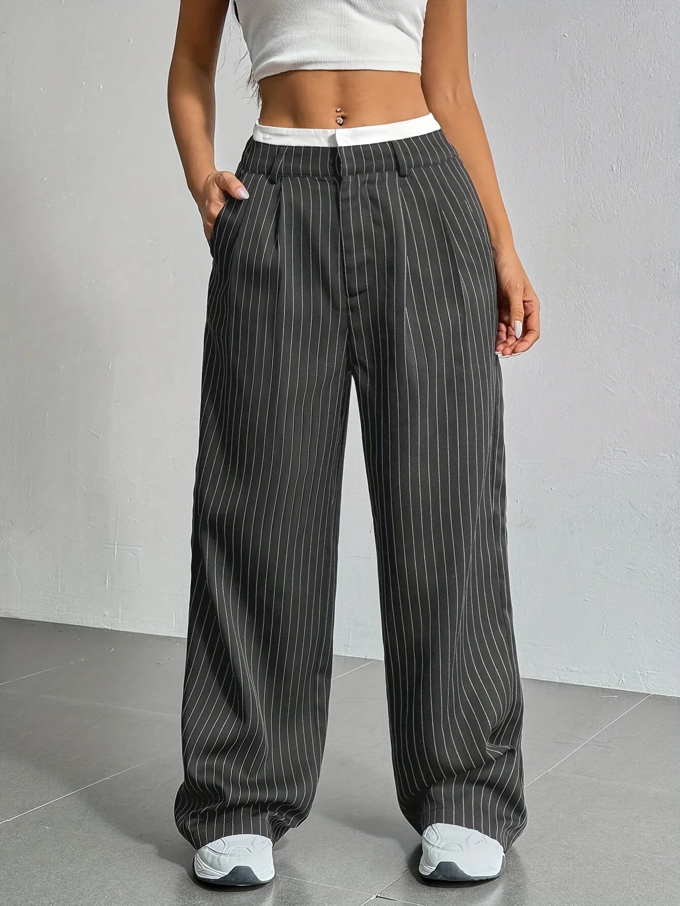 Women’s High Waist Straight Leg Pinstripe Trousers | Office & Casual Striped Dress Pants with Pockets