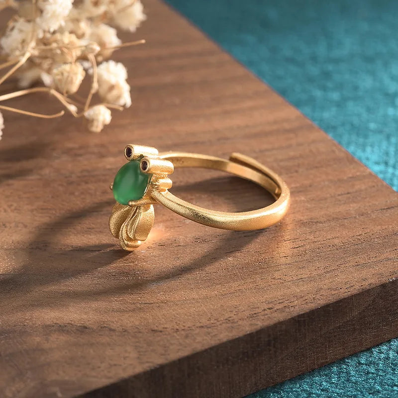 PANJBJ 925 Sterling Silver Hotan Jade Geometric Adjustable Ring | Retro Delicate Jewelry Gift for Women