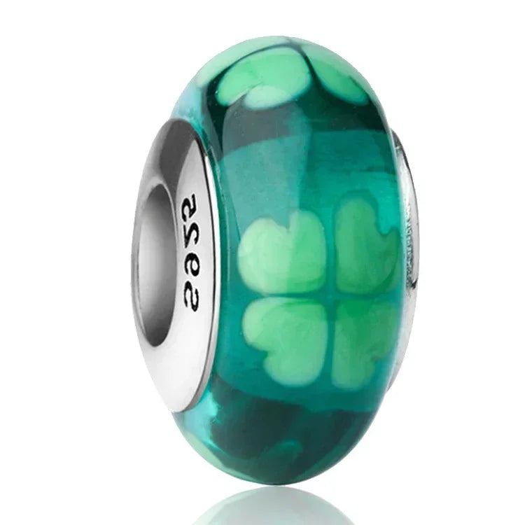 2025 Classic 925 Sterling Silver Colored Flower & Leaf Murano Glass Charm Beads | DIY Bracelet