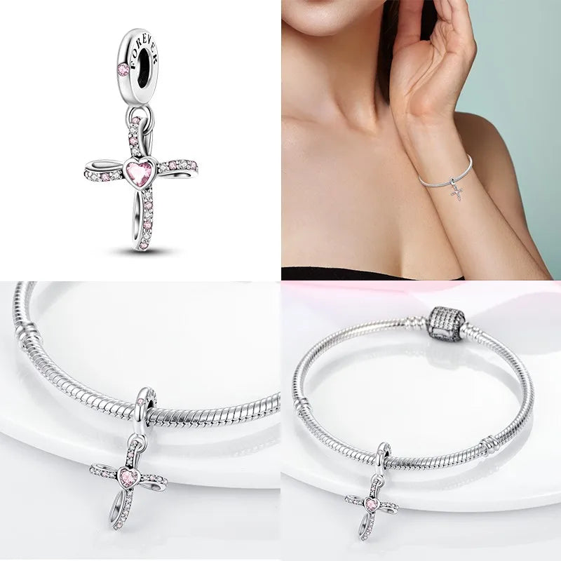 Hot Bible Cross Pink Zircon Charm – 925 Sterling Silver DIY Bracelet for Women
