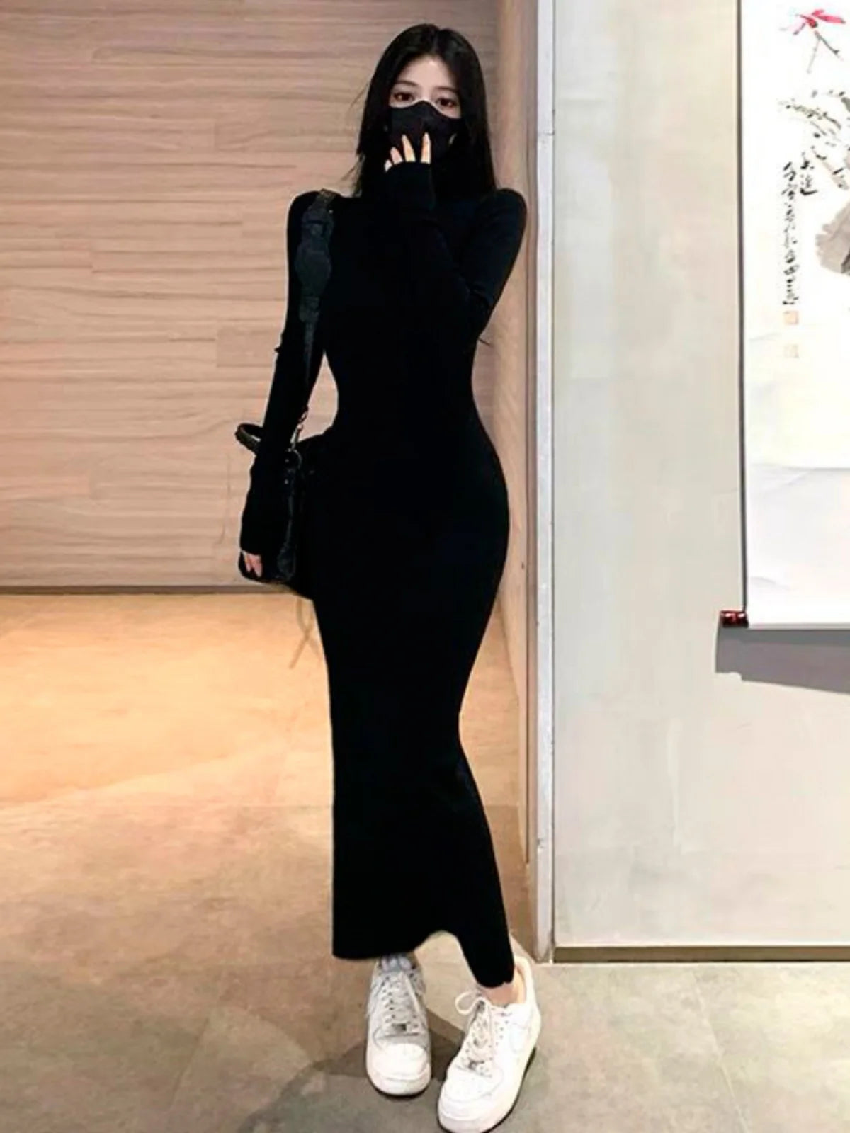 Slimming Bla Long Sve High Collar Bodycon Dr Tight Base Layer One Step Wrap around Skirt Women's Faion Spring Autum...