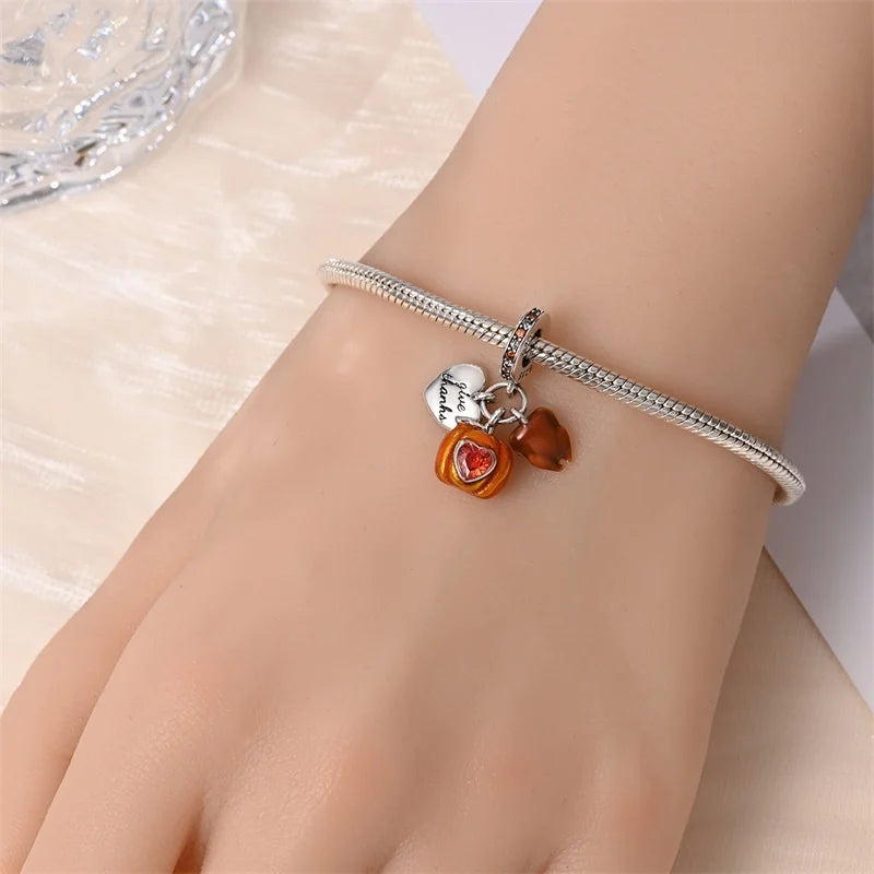 925 Sterling Silver Squirrel & Maple Leaf Charm | Shiny Zircon Autumn Beads Fit Pandora Bracelet DIY Jewelry