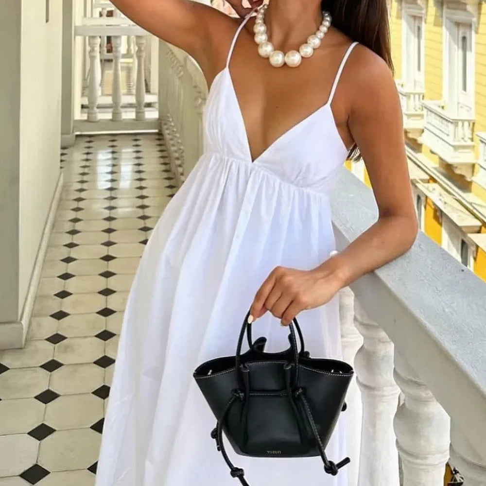 2025 Women’s Elegant Maxi Dress – Spring Summer Casual Backless Spaghetti Strap V-Neck A-Line Party Dress
