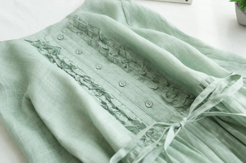 Japanese Style Women’s Long Sleeve Cotton Linen Dress | Wooden Ear Design Loose A-Line Skirt with Waist Belt