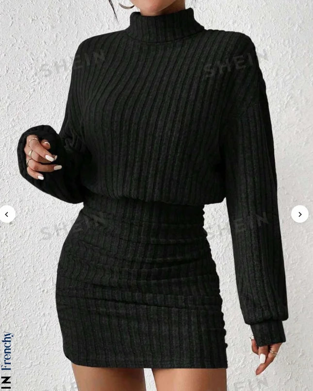 Women’s Autumn Winter High Neck Knitted Sweater Dress – Casual Loose Solid Long Sleeve Mid-Length Warm Dress