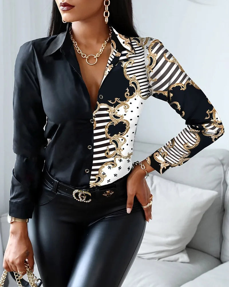 Women Fashion Wild Printed Long Sleeve Blouse – Chain Floral Letter Geometric Shirt with Turn-Down Collar 👚✨