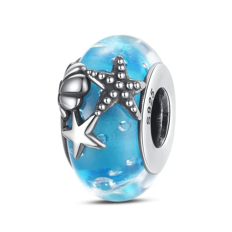 925 Sterling Silver Murano Glass Galaxy & Clover Heart Beads | Fit Pandora Bracelet DIY Jewelry Gift for Mum