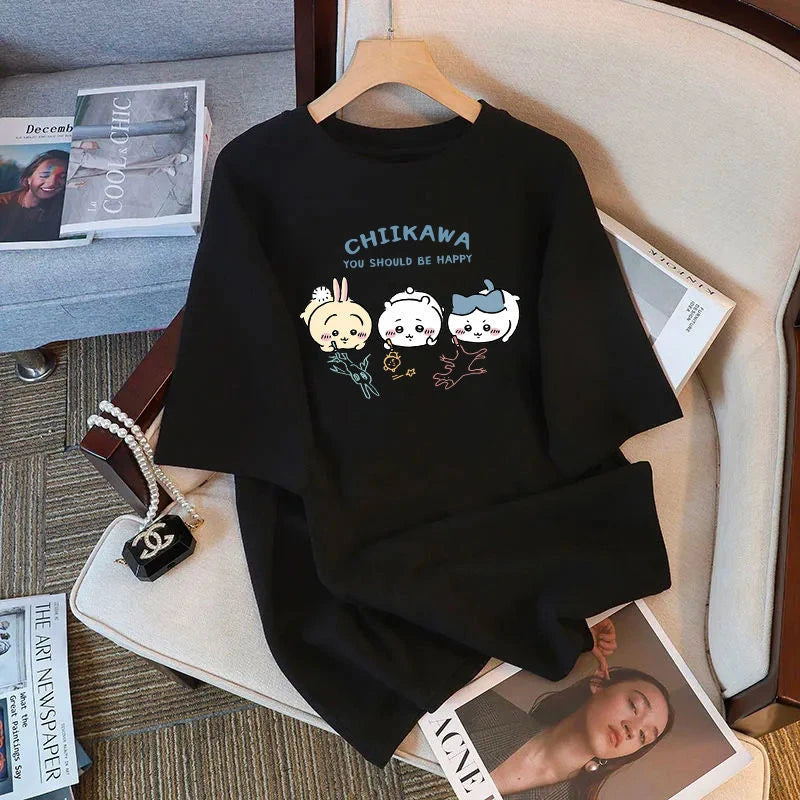 Chiikawa Cartoon Print Women's T-Shirt | 100% Cotton Loose Summer Top | Cute Round Neck Short Sleeve Tee