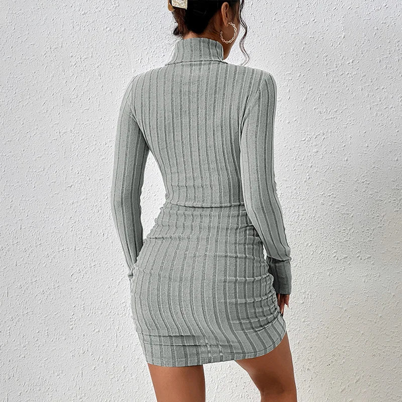 Women’s Autumn Winter Turtleneck Bodycon Mini Dress – Long Sleeve Solid Sheath Sexy Club Party Knitted Dress