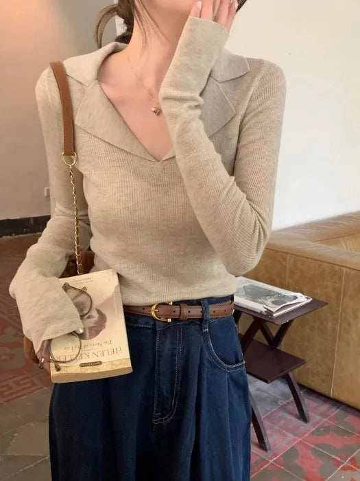 French Style Knitted Long Sleeve V-Neck Collar Sweater – Women’s Winter Base Layer Top | Stretchy Fit for Young Women