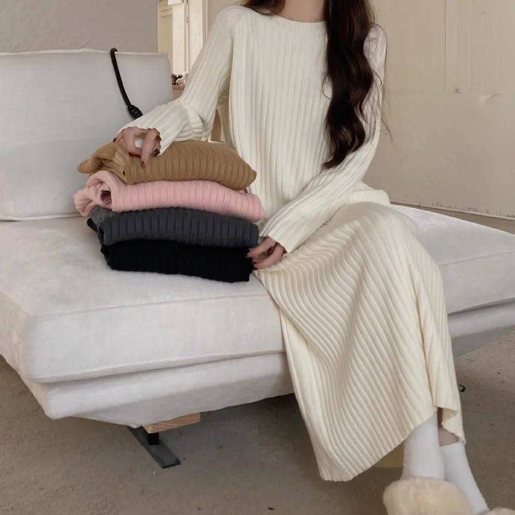 Plus Size Women’s Mid-Length Dress – Casual Round Neck Long Sleeve A-Line H-Line Skirt for Autumn Winter
