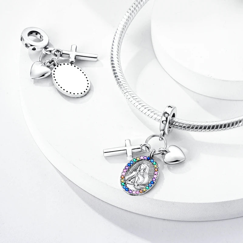 925 Sterling Silver Virgin Mary Dangle Charm | Fits Pandora Bracelet | Our Lady Pendant Bead | Religious DIY Jewelry Gift