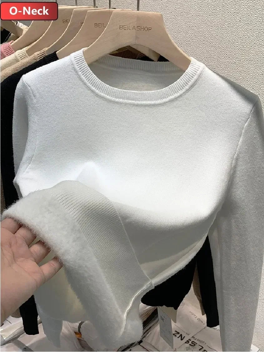 Women Winter Thicken Turtleneck Sweater – Slim Knit Plush Velvet Lined Warm Pullover Jumper