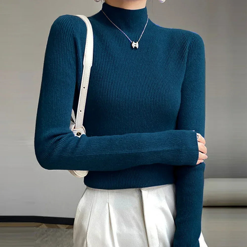 Women’s High Collar Knitted Sweater | Slim Fit Long Sleeve Top | Blue, Purple & Red Bottoming Shirt