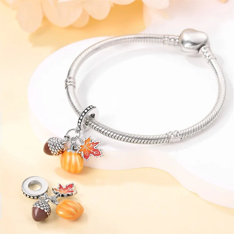 925 Sterling Silver Squirrel & Maple Leaf Charm | Shiny Zircon Autumn Beads Fit Pandora Bracelet DIY Jewelry