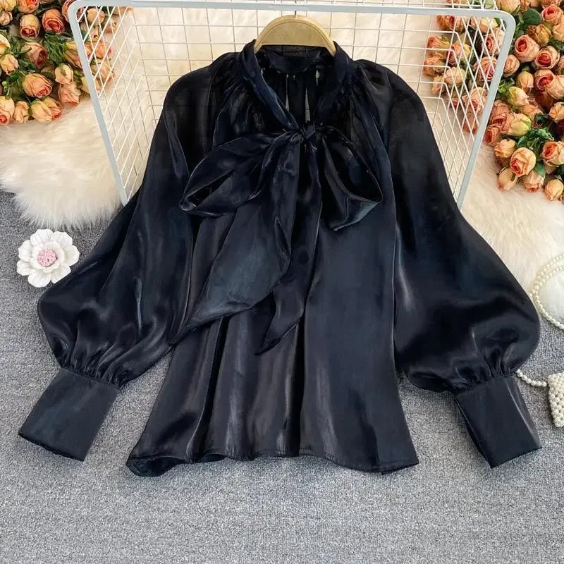 Spring Autumn Korean Harajuku Women’s Top – Bowknot Lantern Sleeve Loose Solid Shirt 🌸👚✨